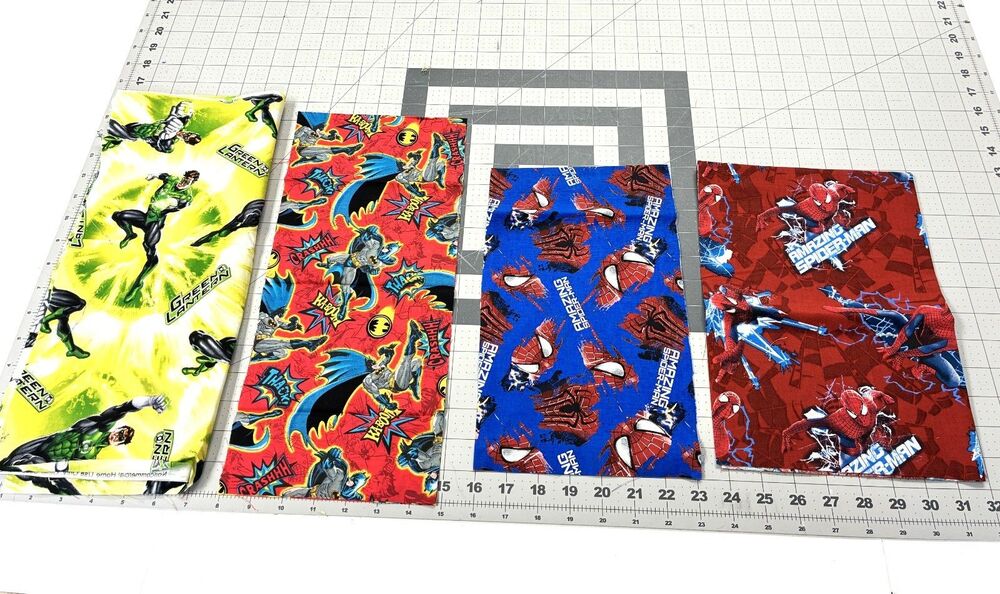 4 DC Comics Cotton Fabric Remnants Spiderman, Batman, Green Lantern Quilting Sew